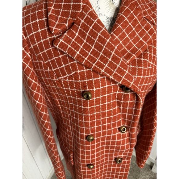 Vintage Wool Peacoat Orange White Checkered 60s 70s Union Made Size Medium - Picture 3 of 10